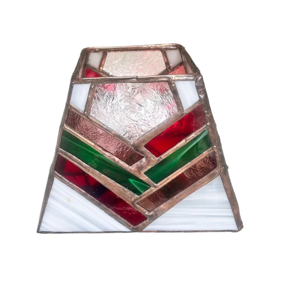 Vintage Stained Glass Tea Light Candle Holder Red Green White Chevron Geometric